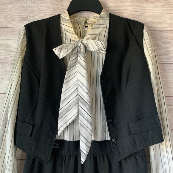 Vintage Ms. Sugar Striped Midi Dress Outfit with Vest and Tie Neck - Picture 2 of 16